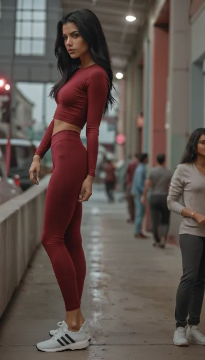Long straight black hair, low rise maroon cotton leggings, skin tight maroon cotton crop top