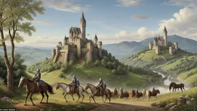 Middle Ages, on a hill on horseback sits a knight in armor and looks far ahead, there far beyond the hills is a fortified castle with towers and flags, all around forests and streams
