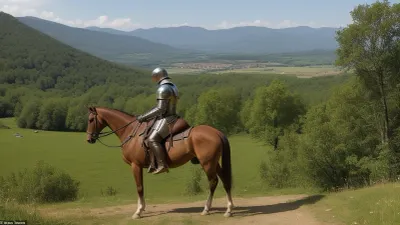 Middle Ages, on a hill on horseback sits a knight in armor and looks far ahead, there far beyond the hills is a fortified castle with towers and flags, all around forests and streams