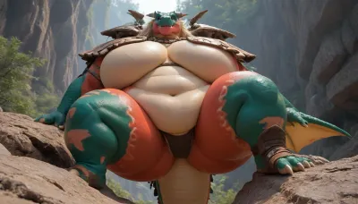 hyper ass, (hyper hips:1.1), thick thighs, (chubby:1.2), (plump:1.2), (a dragon wearing tribal gear:1.7), climbing a volcanoe, massive cleavage