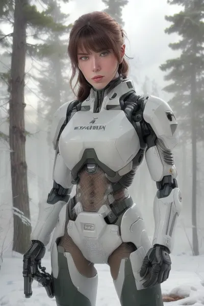 (female soldier:1.5), (wearing rigid, high-tech sci-fi armor:1.5), (armor with sharp angular plates in white and deep forest green:1.5), (no fabric, no soft materials, the armor is mechanical and rigid:1.5), (armor plates with sharp contrast, no gradients, clear separation of colors:1.5), (intricate details like mechanical vents, panels, and glowing accents:1.3), (dynamic, action-oriented pose, mid-motion with powerful stance:1.5), (futuristic exosuit with visible pneumatic systems and mechanical joints between armor plates:1.4), (background of snowy environment with dense pine trees and distant mountains:1.4), (snow and frost buildup on armor, snowflakes caught in hair:1.3), (natural movement of wind through hair:1.3), (determined and focused facial expression, strong gaze:1.4), (mature, adult female proportions:1.5), (realistic lighting with soft overcast skies casting diffuse shadows:1.3), (realistic, photorealistic rendering with a cinematic quality:1.4), (depth of field effect, character sharply in focus with a slightly blurred background:1.4)