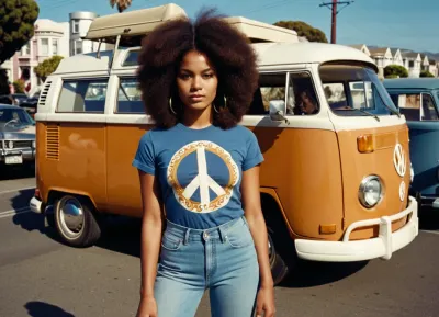 1 girls, creole, 18 yo, photo in style of 70's, standing by an old hippie VW Camper, "Peace" tight t-shirt, tight hippie denim pants, afro hair, San Francisco street scenery