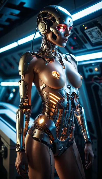 sexy nude cyborg in space craft, android skin, metal skull under android skin, electric parts covered by android skin, machine parts covered by android skin, fractured android skin covering many small lamps, steam, horror, glaring lights, shadows