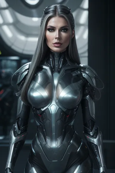 A futuristic and alluring Borg Queen character, blending human and cybernetic features seamlessly. The character stands confidently in a sleek, metallic environment reminiscent of a starship interior. Their skin has a subtle metallic sheen, with intricate cybernetic implants visible on their arms and face. The lighting is dim and atmospheric, casting dramatic shadows that highlight the character's features. The mood is a mix of mystery and allure, with a hint of danger, capturing the essence of a seductive yet formidable presence.