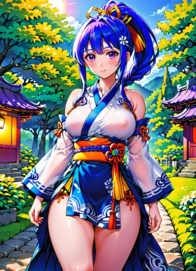 Hinata Hyuga, 20 years old, long dark blue hair tied in a ponytail, light purple eyes. dressed in traditional clothes of Hyuga clan, but fully visible breasts, bare thighs, standing in a sexy pose on the background of Konoha village. The background is trees and houses of the village, illuminated by the soft light of sunset. Style, anime, drawn with digital tools., <lora:style61-a31-000015:.5>