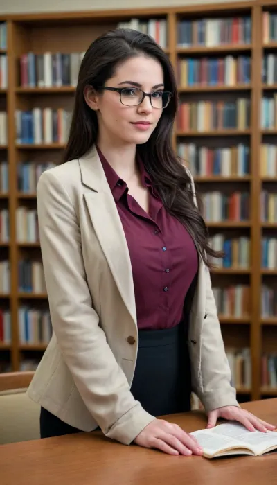 beautiful nerdy librarian girl, 25 years old, brunette, long black hair pinned up, (casual appearance), large breasts, standing behind a counter in a library full of bookshelves and books, business jacket
