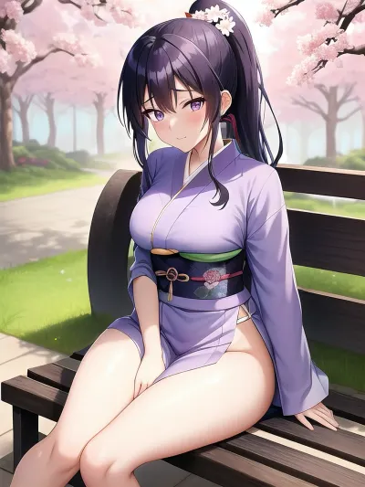 Hinata Hyuga, 20 years old, long dark blue hair tied in a ponytail, light purple eyes. sitting on a bench in the park of Konoha village in a very sexy pose. dressed in a kimono of the Hyuga clan, but fully visible breasts, bare thighs, Background, flowering trees and cozy paths of the park.