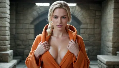 (senna from skyrim, 30 year old, french, bright blonde medium hair ponytail, detailed face, medium breasts), (inside medieval stone bathhouse), (hands grabbing breasts), (revealing open orange medieval bathrobes with hood, exposing breasts and vagina), front view, <lora:EdobESO_XL_v1.0:1>