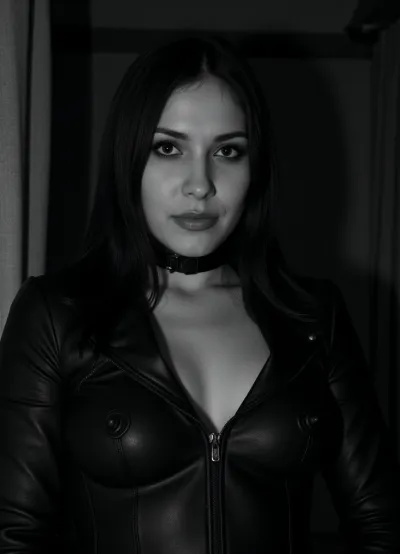 (vintage horror portrait:1.4), (dramatic lighting:1.4), (high contrast:1.2), (black and white:1.2), intense piercing glare, deep shadows, eerie, theatrical, moody, menacing smirk, grainy texture, haunting, unsettling, historic, stark, bold, textured, mysterious, dramatic shadows, chiaroscuro, evocative, dark, vintage film style, (Dutch angle shot, low angle shot:1.4), (a bdsm dominatrix in her iconic black leather outfit:1.6), (scanned photo from a disposable camera:1.6), night time dark room, lights off