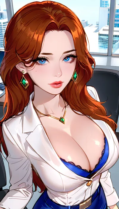 1girl, (office background:1.3), long hair, view from above, tight secretary costume, very deep cleavage, fake big tits, ratatatat74, <lora:cartoon_stickers_xl_v1:.8>, <lora:ratatatat74-000050:1.3>, huge, breasts, massive, <lora:SDXL_MassiveCowsLoRA_v1:.5>