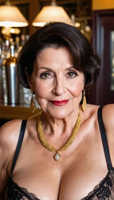 old granny mature, sexy 80 years old granny, dark brunette hair, medium short hair, glamour, big hoop earrings, necklace, big black eyes, curvy chubby, very tall, tiny small saggy tits, gold necklace, at the bar, looking at the camera, naught horny smile face, high waisted sexy lingerie, big long jaw, wide jaw, big nose, selfie