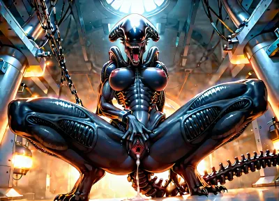 bottom view, Horror style, laboratory, solo, squatting, small size, love, happy, shackles, dlss, RTX, ((mommy, anthro xenomorph girl, mommy anthro female xenomorph)), Mouth open, tongue out, spread legs wide, open vagina, masturbating, cum, orgasm, creampie, uberfit, muscular, athletic, vaginal, <lora:189654_training_data:.8>, <lora:early621-000002:1.2>, <lora:uberfit_lora_sdxl:1>