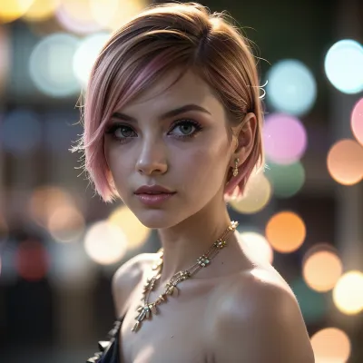 (avant-garde snapshot aesthetic, deep saturation, shadowy vignetting), (light leaks, bokeh:1.5), artistic study of high fashion, confident, poised, elegant, chic, glamorous, noir, beauty girl, pink short hair