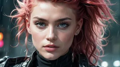 21 years old beautiful, stunning unique female character wet punk, close-up portrait, ziprealism, rain, style, <lora:rain_style:.5>