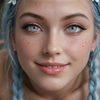 Score_9, Portrait, perfect big boobs, (inverted nipples), (light blue hair), (messy braids), (flower hairband), pale skin, (white eyes:1.65), blue makeup, (eye makeup:1.2), blue lipstick, wet lips, pronounced cheek bones, (fake lips), (fake eyelashes), ((freckles)), (smiling:1.4), ((1/4 body view)), (behind view:1.5), (below view:1.3), (looking into distance:1), perfect pussy, blue pubic hair, latex skirt, cave, on all fours, (light reflecting from eyes), 4ng3l, face, <lora:Latexstraitjacket_XL_0_:.3>, <lora:EnvyZoomSliderXL01:2>, <lora:add-detail-xl:1.2>, <lora:SDXL_BetterFaces-LoRA_v1:1.1>, <lora:Her_Eyes:1.5>