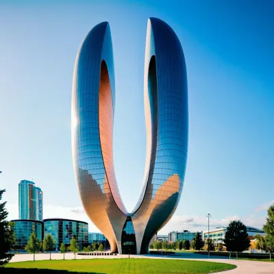 A cultural Center in the shape of a high erected penis and his curvilinear testicles in a ultramodern town inhabited by shemales, view from afar, concrete wood glass and steel, <lora:add-detail-xl:.5>, <lora:SDXLHighDetail_v5:.5>