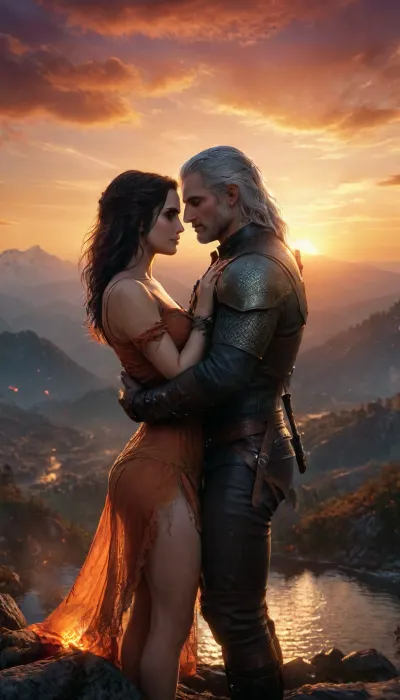 (Witcher Theme), Geralt of Rivia and Yennefer of Vengerberg, entwined in a passionate embrace amidst a fiery sunset that casts a glow over their intertwined bodies. The scene is a testament to the fiery chemistry and deep connection that has developed between them over countless battles and adventures, transcending the boundaries of their respective worlds and responsibilities to find solace in each other's arms.

BREAK, realistic skin texture, epic realism, dynamic rear angle, dynamic pose, <lora:xl_more_art-full_v1:.8>, detailxl, photo-realistic, highly detailed, high detail RAW color art, diffused soft lighting, sharp focus, hyperrealism, (ultra highres:1.2), 8k, UHD, high quality, realistic photo, (best quality:1.5), highly complex, perfect shadows, (masterpiece:1.2), (lifelike photography:1.2), (perfect lighting:1.2), (ultra-realistic detail:1.2), (8k resolution:1.2), (high resolution:1.2), (high definition:1.2), (ultra-detailed:1.2), (professional photography:1.2), (perfect illumination:1.2), (realistic shadow:1.2), (photorealistic:1.2), (depth of view:1.2), (hyper-detailed:1.2), (intricately detailed:1.2), (triadic colors:1.2), (deep color:1.2), (intricate detail:1.2), (complementary colors:1.2), (symmetrical:1), (HD:1.2), (512x768 pixels:1.2), (High definition:1.2), 8K quality, ultra quality, realistic skin, realistic, photorealism, filigree, highest quality, uhd, ultra realistic, photorealistic, dslr, kodachrome, (hyper realistic), (realistic), best lighting, perfect illumination, (best illumination)
