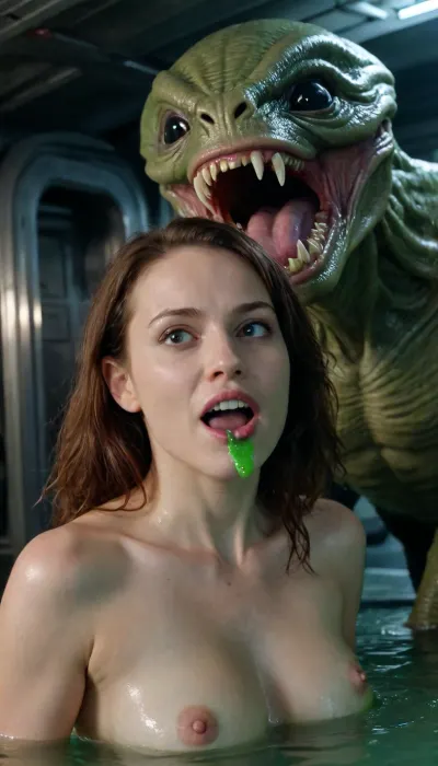 In alien battle spaceship, alien movie style, flooded compartment, The ship's captain shoots a blaster at the monster, torn apart bulkheads, alien emerges from under the water, sexual intercourse takes place in semi-darkness, naked body boobs cock enters pussy moans orgasm, animal grin fangs howl horror thriller, green fluorescent slime dangles from alien fangs