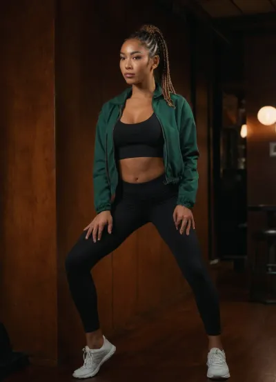 Full body shot, 30 year old woman, biracial, American, half-Japanese, 5'6" tall, athletic, lean, toned, small breasts, firm round butt, big butt, strong thick thighs, big thighs, Long coily hair, cornrow bun hairstyle, Warm mahogany skin, natural glow, sportswear, green jacket, black yoga pants, white sneakers, black croptop, standing in a Japanese nightclub