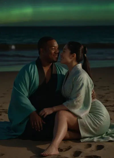 one negro fat man with tuxedo and buzz cut hair, one small cute asian woman with thick legs and huge breast and long long long straight hair wearing kimono, couple, sitting on a beach sand face to face, aurora borealis, in the middle of the screen, all eyes on viewer, all smiling, detailed face, from side