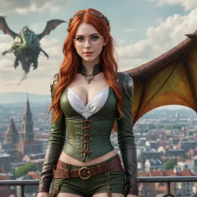 photorealistic panoramic picture, a young 20-year-old girl in a steam punk suit with a plunging neckline, tall with small elastic breasts, straight long red hair hanging down to her buttocks, huge bright green eyes, large canned glasses, a calm sweet smile, stands against the backdrop of a panorama of a fantasy city, a dragon and a steam airship soar in the air