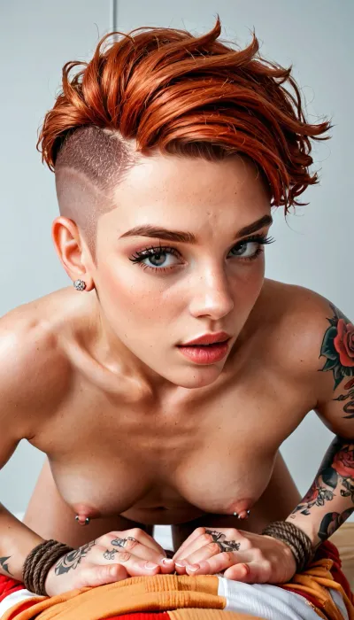beautiful natural redhead with undercut pixie haircut and pierced nipples and large tattoos on hands, gagged, tied hands, hands tied behind back, tied, submission, bondage, restrained, couple doggy style, doggy style, couple, beautiful eyes, anatomically correct eyes, hopeless