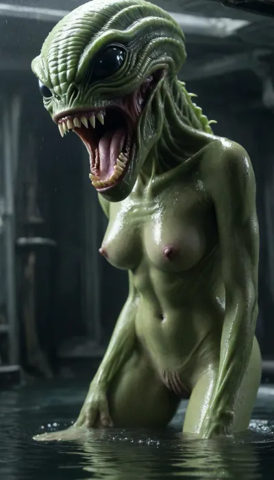 (In alien battle spaceship, alien movie style, flooded compartment, The ship's captain shoots a blaster at the monster, torn apart bulkheads, alien emerges from under the water, sexual intercourse takes place in semi-darkness, naked body boobs cock enters pussy moans orgasm, animal grin fangs howl horror thriller, mutation and transformation of the body into something alien, green fluorescent slime dangles from alien fangs)