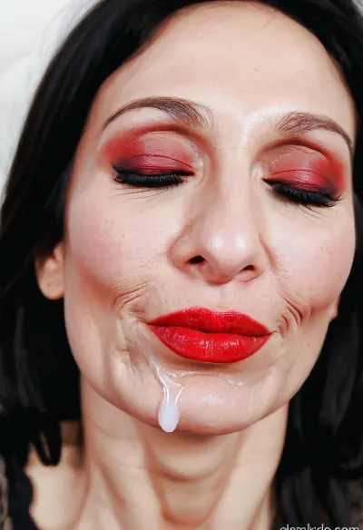 50yo Persian beautiful woman, face only, closed eyes, delicate eyeliner, big lips with red lipstick, cum inside her mouth, wrinkles, dimples, high cheekbones