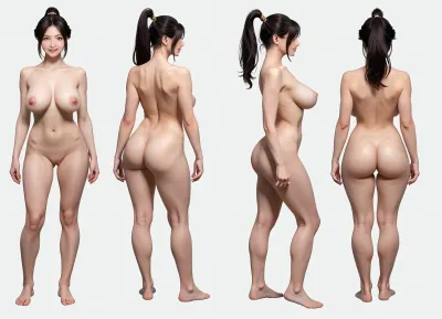 A study in beauty: a hyper-realistic portrait of a 28-year-old japanese woman – frontal, side and back views