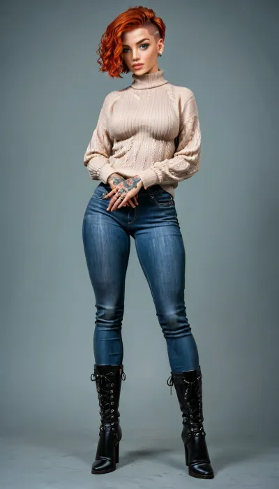 beautiful natural fit redhead with undercut pixie haircut and medium natural breast and large tattoos on hands, ((wearing high leather boots, skin tight jeans and skin tight sweater)), beautiful eyes, anatomically correct eyes, full body visible