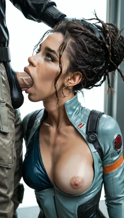 panam palmer from cyberpunk is wearing bodysuit and exposing one breast, ((deep throat couple, deep throat, couple))