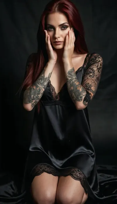 Skinny 25 years woman, long straight dark red hair, Tall, slender woman, black eyebrows, black eye shadow, Absolute darkness around, black background, photostudio, photorealistic, stunning quality, 4k, very large tits, bjg ass, ((black satin nightgown with lace)), (one arm tattooed from shoulder to wrist), languid sexy eyes, slightly turned head, kneeling, (hands raised, head down, looking straight to the camera, She covered her face with her hands)