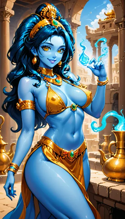 Persia, ancient persia, girl, genie girl, light blue skin, glowing, gold bracelets, gold jewelry, perfect breasts, clicking fingers, sly smile, black hear