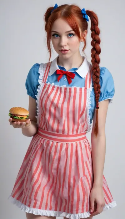 masterpiece, ultra-realistic, 32k, best quality, highly detailed, score_9, score_8_up, score_7_up, score_6_up, BREAK, ((1 girl), blue eyes, Wendy from Wendy's, supermodel beauty, redhead, black hair, bangs, long hair, braids, twintails, blue bows on braids, perfect body, blush, small perky breasts, pose, moaning, perfect ratio proportioned face, high red and white stripped socks, blue dress with frilly edges, small white apron, freckles, petite body, perfect waist to hip ratio, flat stomach, perfect female body, glossy skin, glossy body, wet body, deep skin), orgasm face, holding a burger in her hand, standing, white background
BREAK