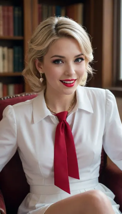 score_9, score_8_up, score_7_up, masterpiece, best quality, highly detailed, (masterpiece, best quality, highly detailed), very detailed face, hyperrealistic, (UHD quality details), Candy_Candy
hair curled
blonde hair
flat chest, small breasts medium ass red lips, makeup, eyeliner, Luxurious earings, necklace, Bracelet, happy, smile, black serafuku, white necktie, white sailor collar, white skirt, Walking in a luxurious armchair, smiling.
Old public library, public Library with old books on shelves.