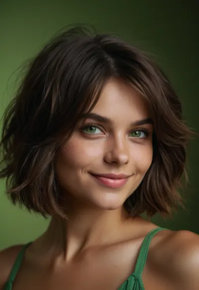portrait of a beautiful girl, model, sexy, European, messy shaggy Bob haircut, (dark brown hair), perfect green eyes, (matte skin details), innocent, smiling, masterpiece, hyperrealistic photo, best quality, detailed, skin, blemish