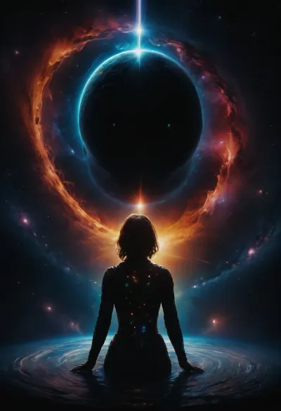 (astronaut woman:1.6), (black hole:1.6), silhouette of a beautiful woman, amazing depth, (double exposure:1.5), observing massive black hole, surreal, intricately detailed, perfectly balanced, deep fine edges, artistic photorealism, photorealism, vivid colors, 8K, UHD, many details, extreme detailed, full of details, (movie poster style, cinematic:1.4), ziprealism, <lora:SDXLFaeTastic2400:1.2>