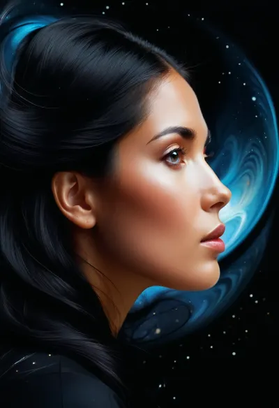 (astronaut woman:1.5), (black hole:1.8), (double exposure:1.5), (double exposure with face of a beautiful woman in profile with long flowing black hair, overlayed on epic black hole:1.2), amazing depth, surreal, intricately detailed, vivid colors, 8K, UHD, many details, extreme detailed, full of details, black velvet starry background, ziprealism, sk_digitalart, sk_cinematic, double, exposure, <lora:210432_training_data:1>, <lora:SDXLFaeTastic2400:.4>, Colorsplash, <lora:SDXLPaintSplash:.2>, sunnyrayyxo, <lora:sunnyrayyxo_v1_SDXLBase:.4>