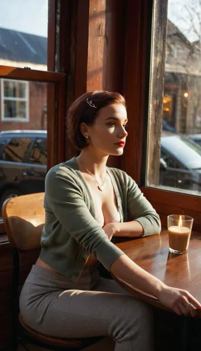 A 35yo aussie hipster-chick sitting in a cozy lowkey cafe on a simple wooden chair by the tall glass window panes, it’s early morning and cafe is lit by the light of dawn, she is seen from the front and side enjoying the morning sun rays while waiting for her coffee, lit cigarette resting in an ash-tray, her head facing the morning sun, winter and cold, winter light, narrow view field, voyeuristic, serene beauty, (a huge dildo on the table), wearing bolero with a Malizia bra underneath, cardigan hanging on the back of her stool, wearing loose gray jogs, Rare Nike sneakers, nipple peek view, cheeks flushed from having been out in the cold just a minute ago, enchanting eyes, brown hair dyed white in very short hairstyle, tattoo on her arms, pale skin, small cute nose, round cheeks, subtle lipstick, heart shaped lips, hipster Chique eyeliner, dimples, really unique face, subtle jewelry, creative makeup, ((nose piercing)), photo taken through the window from outside, reflections in the glass, photo shot from a distance