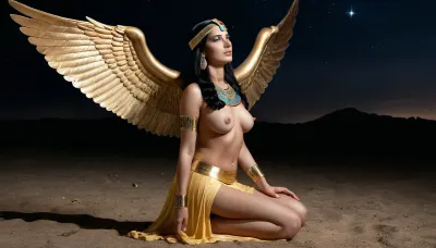 a full body view of a 69 years woman Ultrarealistic Photography, high-resolution, photorealistic image, full front view, impressive Egyptian gold plated marble statue of goddess Isis, Isis iconic position, kneeling with only leg, side view, spreading her arms with long wings, black straight hair, golden headband, Egyptian jewels, wearing an ancient egyptian fine skirt, topless, exposed perfect natural breast, fair glistering white skin, accurate arms and legs position, night sky background, mystical lights, puffy, nipples, dark, ghost, wide, <lora:Nipples XL:.4>, worms, of, terror, <lora:Worms Of Terrors-GMR:.5>