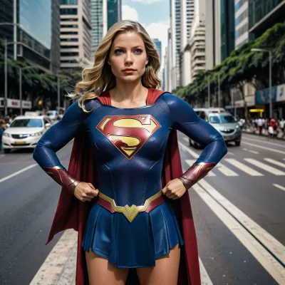 Supergirl, preparing to take off on Avenida Paulista, São Paulo, Brazil, serious look