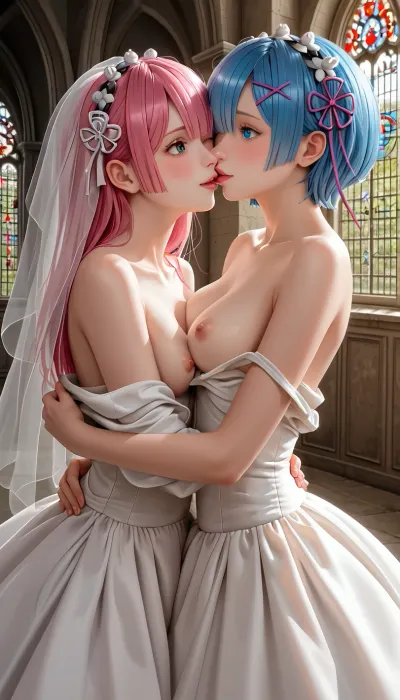(Anime style:1.4), cathedral, altar, Masterpiece, (2 girls:1.2), sisters maids Ram pink hair and Rem blue hair from RE, Zero, lesbians wedding together, (they are intensively undressing each other bride dresses to expose nipples:1.4), hugging, passion kissing with tong, happy faces, passion love, (bangs cover one eye:1.2), white stockings, Ration, Ram, Rem, RE, wedding