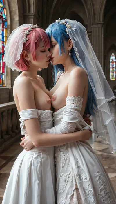 (Anime style:1.4), cathedral, altar, Masterpiece, (2 girls:1.2), sisters maids Ram pink hair and Rem blue hair from RE, Zero, lesbians wedding together, red bright manicure, (they are intensively undressing each other bride dresses to expose nipples:1.4), hugging, passion kissing with tong, happy faces, passion love, (bangs cover one eye:1.2), white stockings, Ration, Ram, Rem, RE, wedding