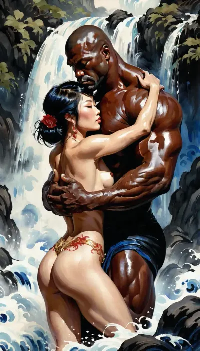 Sumi-ye style painting of wallpaper of a mysterious beautiful tattooed little skinny naked Asian woman, ((being hugged by a big black muscle monster man)), in full growth, red and gold jewelry in the Waterfall, by artgerm, intricate detail, trending on Sumi-ye style painting, Sumi-ye style painting, fluid motion, stunning shading, ((cobalt ultra short boy hair color)), sumi-e, <lora:[XL]Sumi-e:.8>