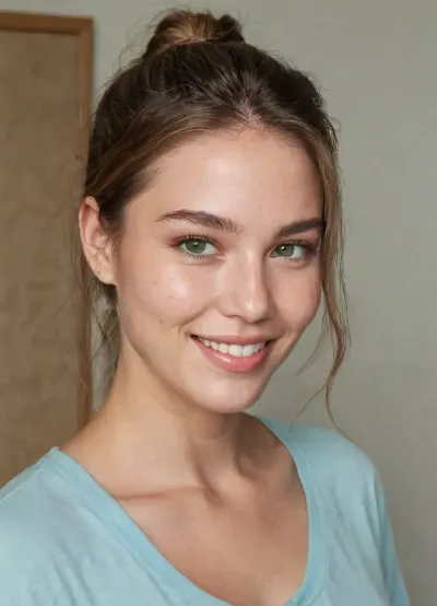 ((Full body shot)), 28 year old woman, British American, Caucasian, light brown hair in a ponytail, pale fair skin, 5'4" tall, busty, covered breasts, (sagging breasts), thin, wearing a t-shirt and blue jeans, angular features, wide face, square jaw, big chin, ((very prominent chin dimple)), high prominent cheeks, ((very prominent cheek dimples)), wide smile, nice lips, green eyes, acne scars, SaggySlimXL, uhang, yhang, <lora:updated_saggy_slim:1>