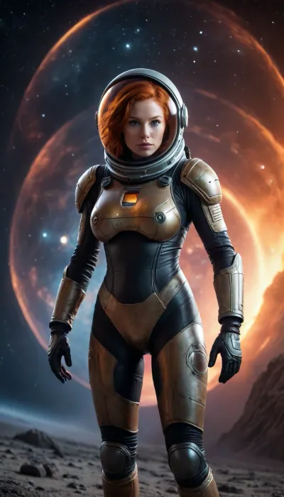 Event horizon, Ultra high definition, ultra high resolution, photorealistic, 8k resolution, Full body photograph of busty 30 year old redhead in a futuristic space suit with helmet, exploring a black hole from another planet, beautiful vibrant alien sky., space_space, grgnt, <lora:EnvySwirlingSkiesXL01:1.5>, <lora:Space_clothes-xl-8:.6>, <lora:387205_training_data:1.5>, <lora:interstellar_blackhole:1.5>