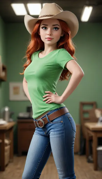 score_9, score_8_up, score_7_up, score_6_up, score_5_up, rating_questionable, source cartoon
1girl, pretty face, pretty eyes, detailed eyes, HD eyes, thick thighs
hands on hips, standing, cowboy shot
looking at viewer, blush, eyebrows, long hair, red hair, green eyes jeans, green t-shirt, boots, high waisted jeans
simple background, white background