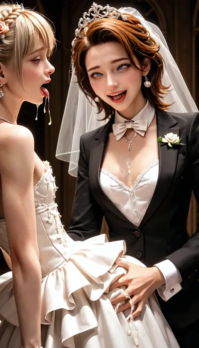 butch lesbian in black tuxedo pegging feminine femboy in wedding dress, pegging, limp dick, dripping dick, cum on dress, ejaculation, ahegao
