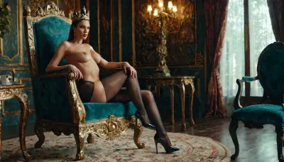 In the ancient demon world, a tall queen, (in her 30s), sat in a chair and tried to attack a man. The clothes are sexy, pantyhose, high heels, and beautiful transparent clothes, (＃women, clothes, background, the same generation, only differences in movement are generated)