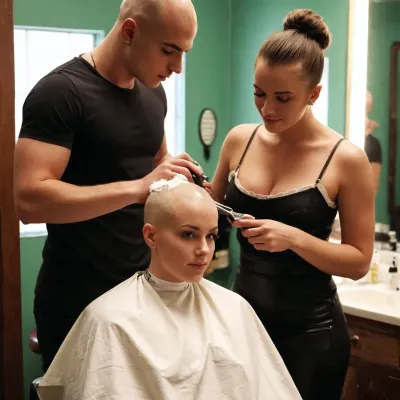 beautiful sexy happy busty irish Bald 19 year old girl’s shaving her girlfriends head in a barber shop, I phone photo, super realistic, chatting happily, shaving foam on bald scalp, full length shot, seductive look, looking at camera